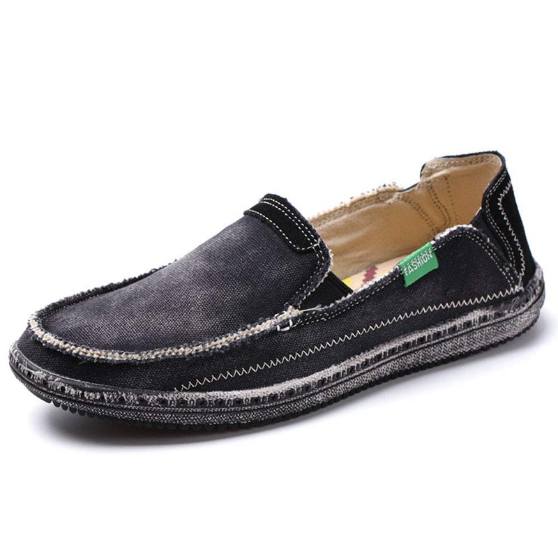 VILOCY Mens Slip on Deck Shoes Zero Drop Casual Canvas Loafer Vintage Flat Boat Shoes Black US11 EU45 - Image 2